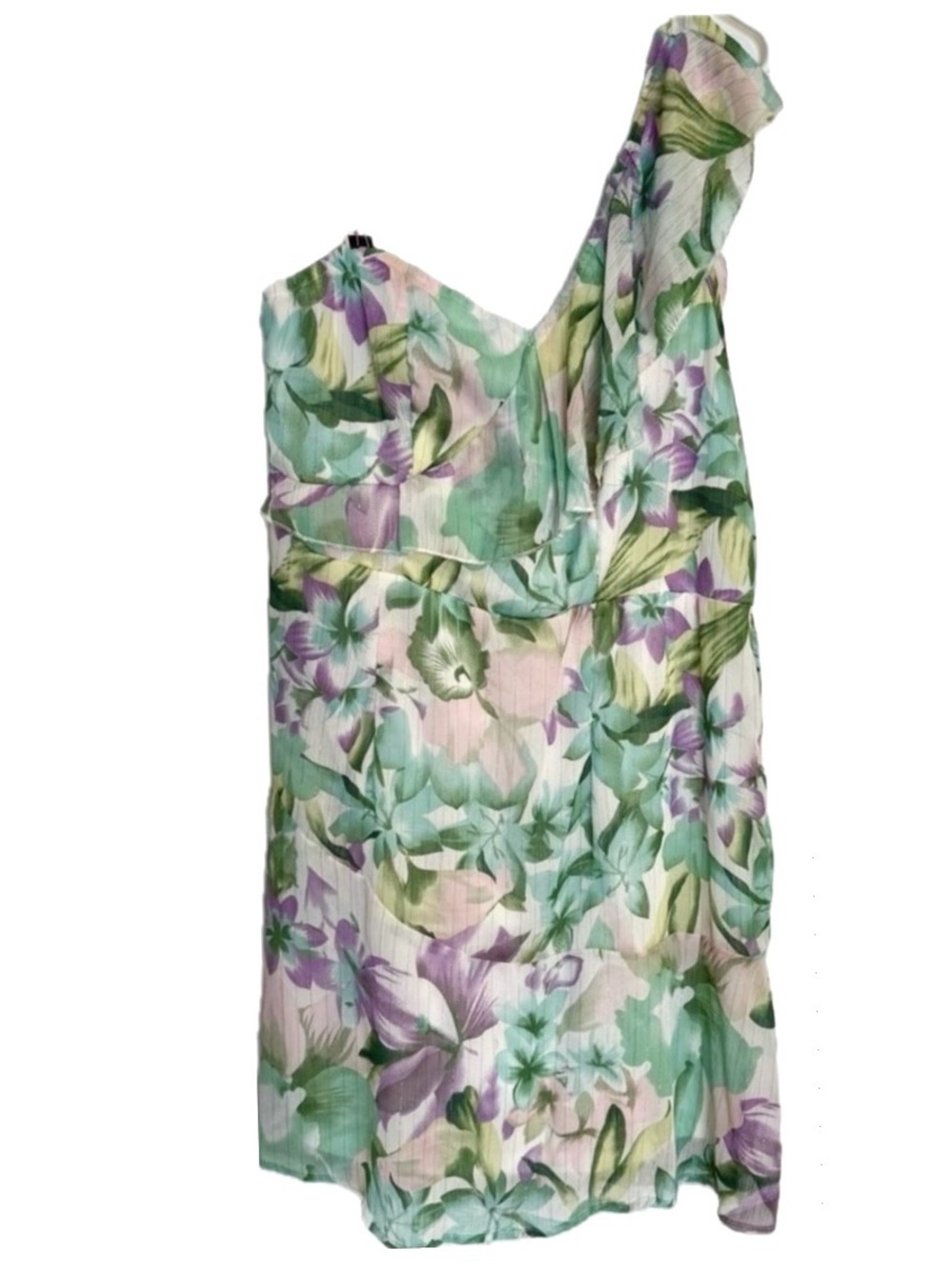 Floral One-Shoulder Flowy Summer Dress US 18/20 3X Green Pink Purple White